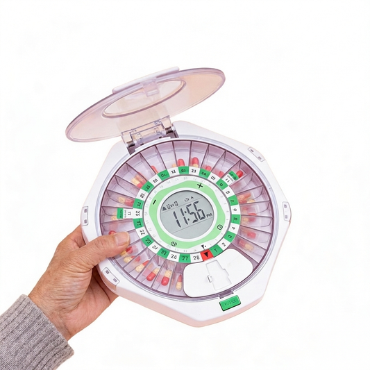 Automatic pill dispenser with alarm and 28-day compartments
